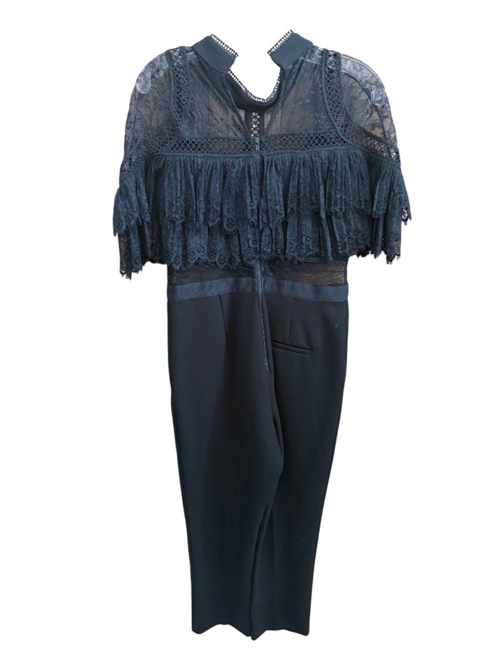 Self-Portrait Black Lace Cape Jumpsuit With Sheer Bodice & Ruffle Detail Size 8